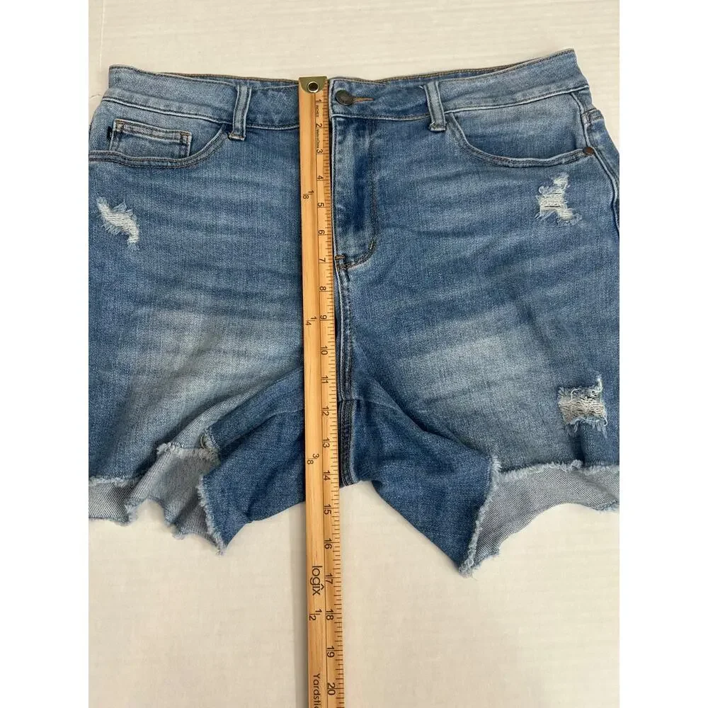 Judy Blue Jean Shorts Size 1XL Distressed High Rise Raw Hem Medium Wash Cut Off‎